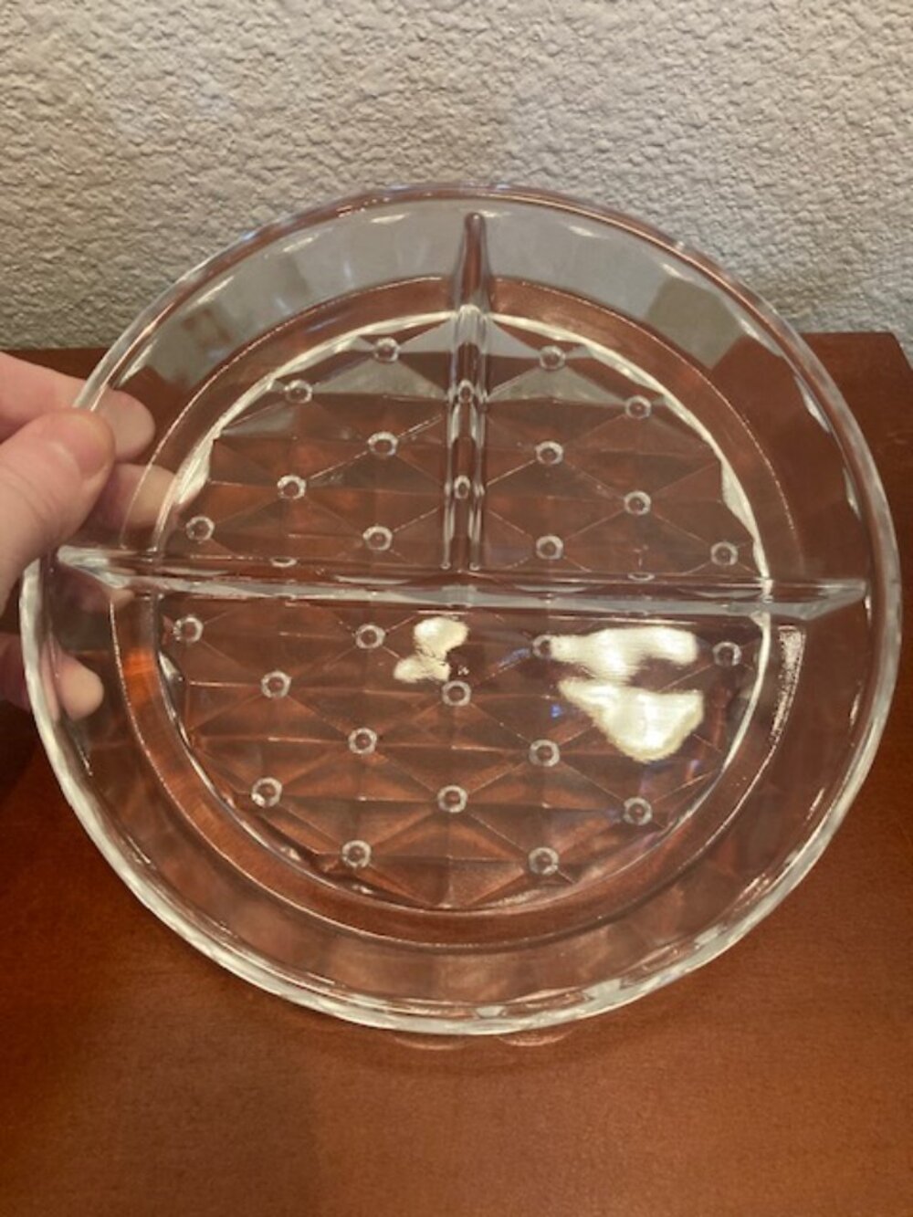 Vintage 8" Divided Glass Serving Dish | Diamond Hobnail Pattern